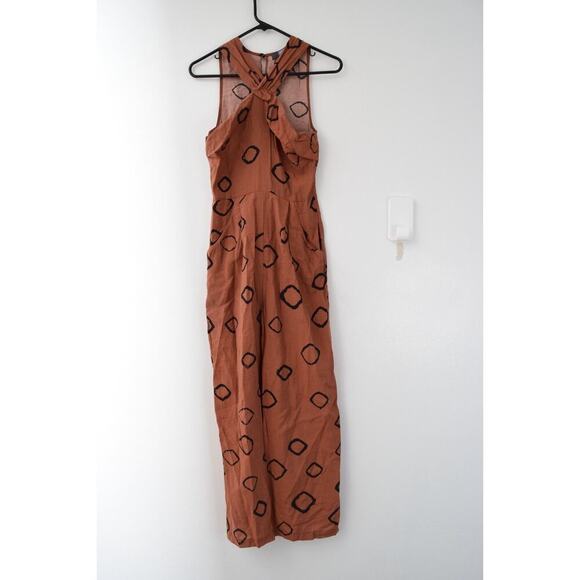 Anthropologie Eva Franco Faith Wide Leg Jumpsuit Size 2 Brown Geo Sleeveless - Picture 1 of 3
